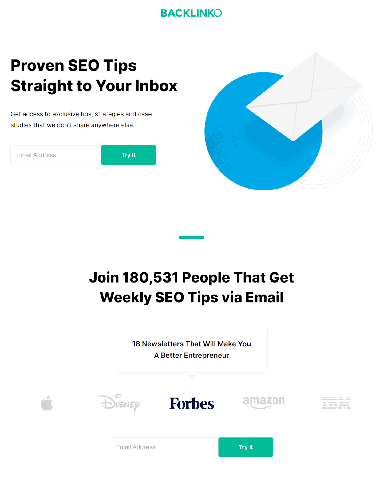 Backlinko's newsletter signup for weekly SEO tips